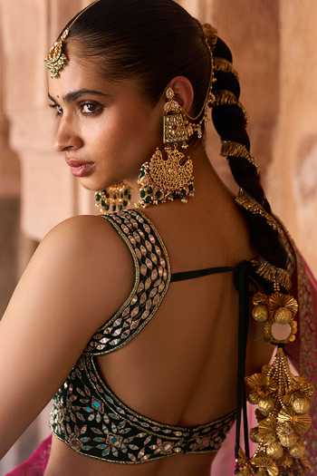 ANGAD SINGH_Fuchsia Silk Sweetheart Neck Jyot Mirror Embroidered Raw Lehenga Set _Online_at_Aza_Fashions