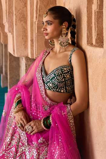 Buy_ANGAD SINGH_Fuchsia Silk Sweetheart Neck Jyot Mirror Embroidered Raw Lehenga Set _Online_at_Aza_Fashions