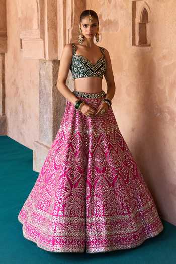 Shop_ANGAD SINGH_Fuchsia Silk Sweetheart Neck Jyot Mirror Embroidered Raw Lehenga Set _Online_at_Aza_Fashions