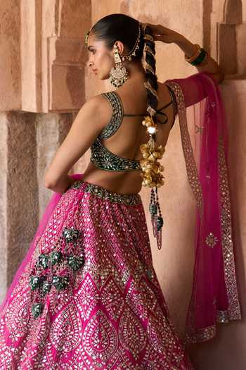 ANGAD SINGH_Fuchsia Silk Sweetheart Neck Jyot Mirror Embroidered Raw Lehenga Set _at_Aza_Fashions