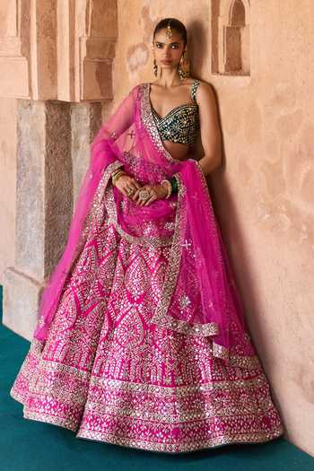 Buy_ANGAD SINGH_Fuchsia Silk Sweetheart Neck Jyot Mirror Embroidered Raw Lehenga Set 