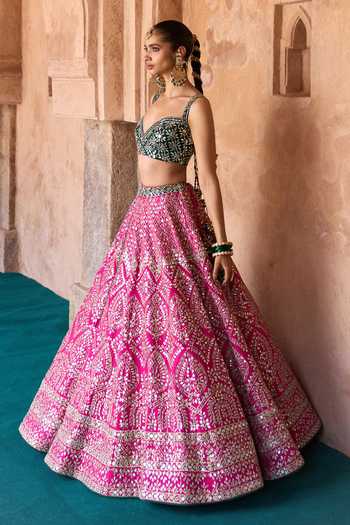 Shop_ANGAD SINGH_Fuchsia Silk Sweetheart Neck Jyot Mirror Embroidered Raw Lehenga Set 