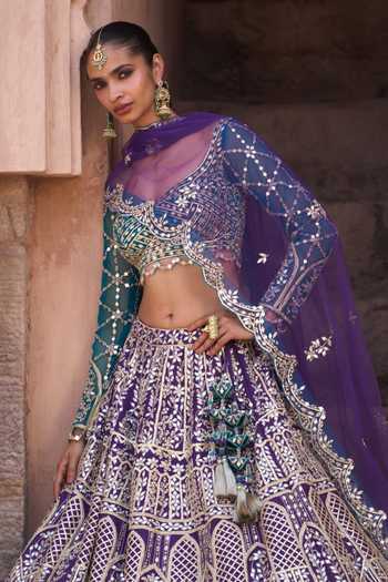 ANGAD SINGH_Purple Silk Sweetheart Neck Neelam Mirror Embroidered Raw Lehenga Set _Online_at_Aza_Fashions