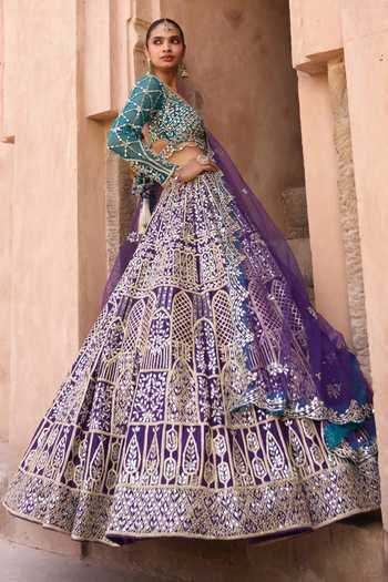 Buy_ANGAD SINGH_Purple Silk Sweetheart Neck Neelam Mirror Embroidered Raw Lehenga Set _Online_at_Aza_Fashions