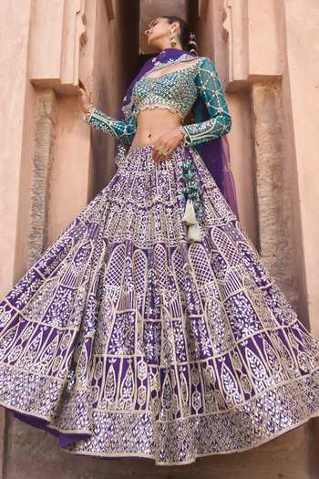 Shop_ANGAD SINGH_Purple Silk Sweetheart Neck Neelam Mirror Embroidered Raw Lehenga Set _Online_at_Aza_Fashions