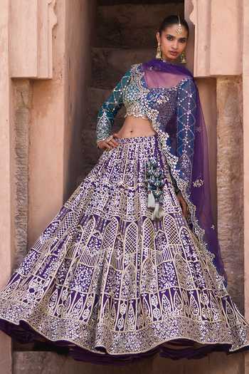 ANGAD SINGH Neelam Mirror Embroidered Raw Silk Lehenga Set 