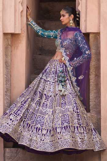 ANGAD SINGH_Purple Silk Sweetheart Neck Neelam Mirror Embroidered Raw Lehenga Set _at_Aza_Fashions