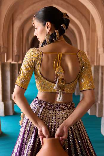 ANGAD SINGH Purple Silk Sweetheart Neck Raat Rani Embroidered Raw Lehenga Set at Aza Fashions ANGAD SINGH_Purple Silk Sweetheart Neck Raat Rani Embroidered Raw Lehenga Set _at_Aza_Fashions
