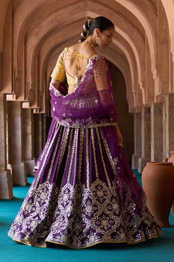 ANGAD SINGH Raat Rani Embroidered Raw Silk Lehenga Set 