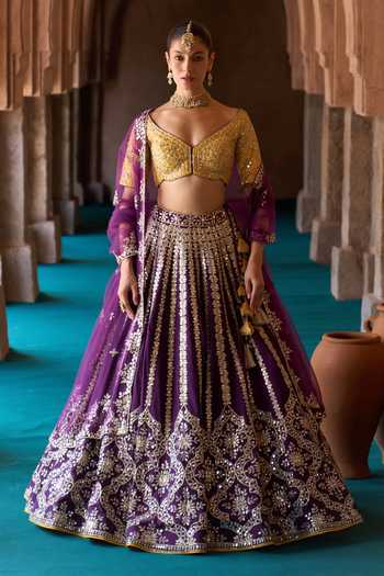 Shop ANGAD SINGH Purple Silk Sweetheart Neck Raat Rani Embroidered Raw Lehenga Set Shop_ANGAD SINGH_Purple Silk Sweetheart Neck Raat Rani Embroidered Raw Lehenga Set