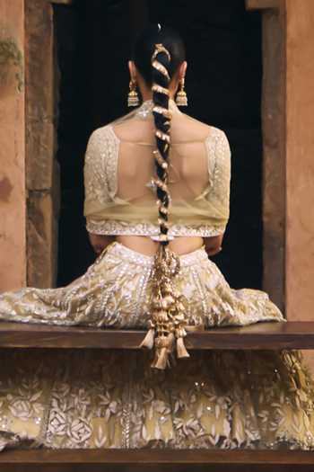 ANGAD SINGH_Gold Net V-neck Basant Floral Embroidered Lehenga Set _Online_at_Aza_Fashions