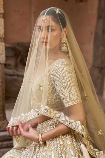 Shop_ANGAD SINGH_Gold Net V-neck Basant Floral Embroidered Lehenga Set _Online_at_Aza_Fashions