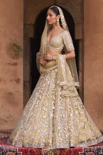 ANGAD SINGH_Gold Net V-neck Basant Floral Embroidered Lehenga Set _at_Aza_Fashions