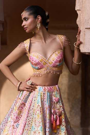 Buy ANGAD SINGH Pink Silk Sweetheart Neck Savera Phulkari Embroidered Raw Lehenga Set Online at Aza Fashions Buy_ANGAD SINGH_Pink Silk Sweetheart Neck Savera Phulkari Embroidered Raw Lehenga Set _Online_at_Aza_Fashions