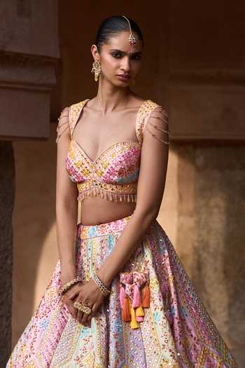 Shop ANGAD SINGH Pink Silk Sweetheart Neck Savera Phulkari Embroidered Raw Lehenga Set Online at Aza Fashions Shop_ANGAD SINGH_Pink Silk Sweetheart Neck Savera Phulkari Embroidered Raw Lehenga Set _Online_at_Aza_Fashions
