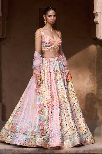 ANGAD SINGH Pink Silk Sweetheart Neck Savera Phulkari Embroidered Raw Lehenga Set at Aza Fashions ANGAD SINGH_Pink Silk Sweetheart Neck Savera Phulkari Embroidered Raw Lehenga Set _at_Aza_Fashions