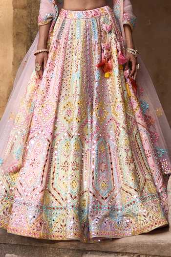Buy ANGAD SINGH Pink Silk Sweetheart Neck Savera Phulkari Embroidered Raw Lehenga Set Buy_ANGAD SINGH_Pink Silk Sweetheart Neck Savera Phulkari Embroidered Raw Lehenga Set