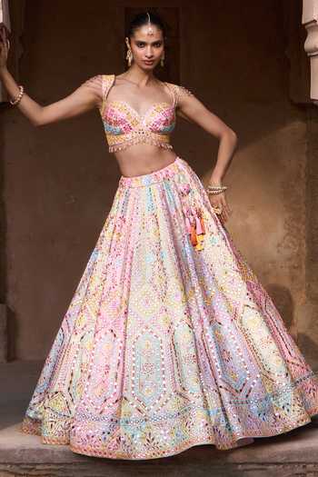 Shop ANGAD SINGH Pink Silk Sweetheart Neck Savera Phulkari Embroidered Raw Lehenga Set Shop_ANGAD SINGH_Pink Silk Sweetheart Neck Savera Phulkari Embroidered Raw Lehenga Set