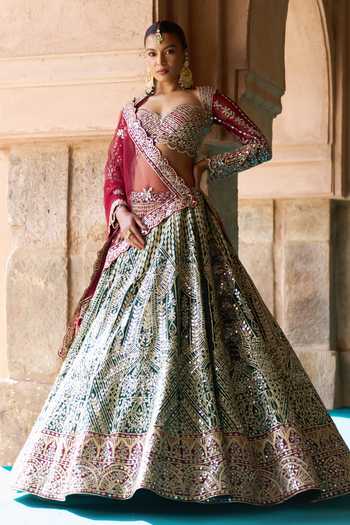 Shop ANGAD SINGH Green Silk Sweetheart Neck Sukoon Embroidered Raw Lehenga Set Shop_ANGAD SINGH_Green Silk Sweetheart Neck Sukoon Embroidered Raw Lehenga Set
