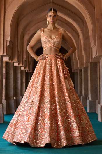Shop ANGAD SINGH Orange Silk Sweetheart Neck Suraj Mirror Embroidered Raw Lehenga Set Shop_ANGAD SINGH_Orange Silk Sweetheart Neck Suraj Mirror Embroidered Raw Lehenga Set