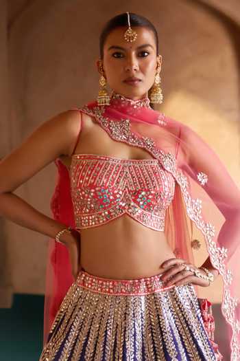 ANGAD SINGH_Blue Silk Sweetheart Neck Amrit Embroidered Raw Tiered Lehenga Set _Online_at_Aza_Fashions