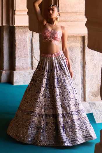 Buy_ANGAD SINGH_Blue Silk Sweetheart Neck Amrit Embroidered Raw Tiered Lehenga Set _Online_at_Aza_Fashions