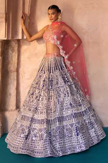 Shop_ANGAD SINGH_Blue Silk Sweetheart Neck Amrit Embroidered Raw Tiered Lehenga Set _Online_at_Aza_Fashions