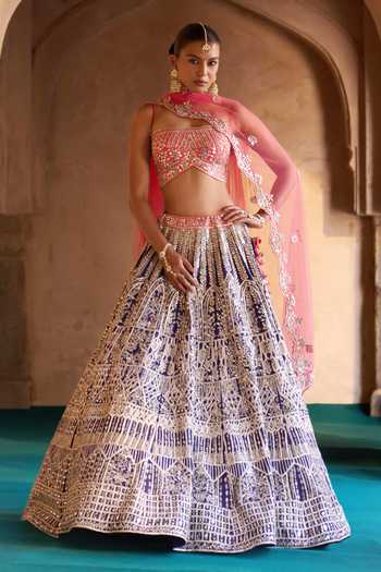 ANGAD SINGH Amrit Embroidered Raw Silk Tiered Lehenga Set 