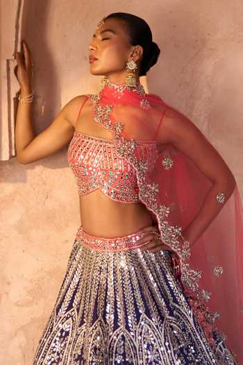 ANGAD SINGH_Blue Silk Sweetheart Neck Amrit Embroidered Raw Tiered Lehenga Set _at_Aza_Fashions