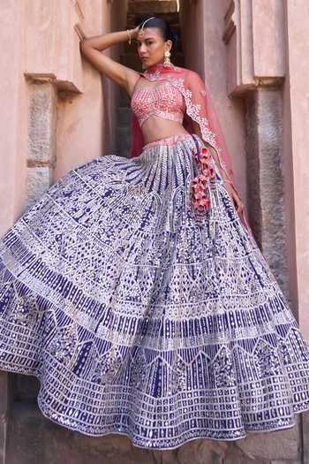 Buy_ANGAD SINGH_Blue Silk Sweetheart Neck Amrit Embroidered Raw Tiered Lehenga Set 