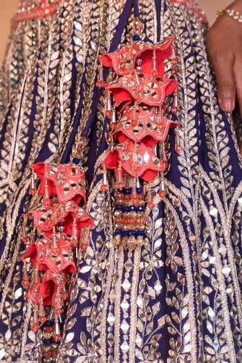 Shop_ANGAD SINGH_Blue Silk Sweetheart Neck Amrit Embroidered Raw Tiered Lehenga Set 
