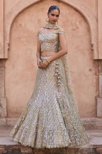 ANGAD SINGH Sunehri Embroidered Net Corset Lehenga Set 