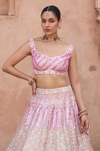 ANGAD SINGH_Pink Net Scoop Neck Gulaab Floral Embroidered Lehenga Set _Online_at_Aza_Fashions