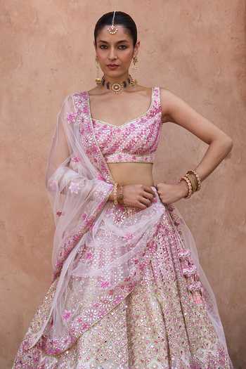 Shop_ANGAD SINGH_Pink Net Scoop Neck Gulaab Floral Embroidered Lehenga Set _Online_at_Aza_Fashions