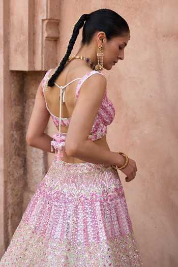 ANGAD SINGH_Pink Net Scoop Neck Gulaab Floral Embroidered Lehenga Set _at_Aza_Fashions