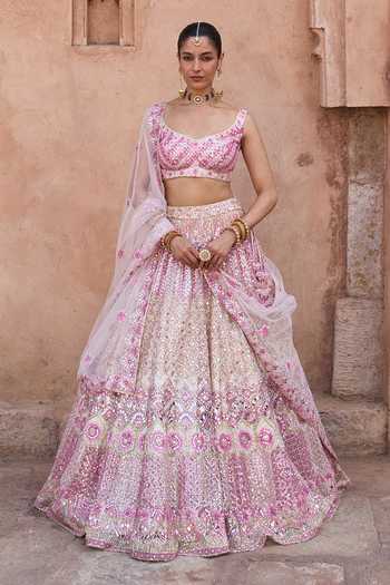Buy_ANGAD SINGH_Pink Net Scoop Neck Gulaab Floral Embroidered Lehenga Set 
