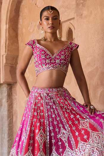 Shop_ANGAD SINGH_Magenta Silk Sweetheart Neck Agni Ogee Mirror Work Raw Lehenga Set _Online_at_Aza_Fashions