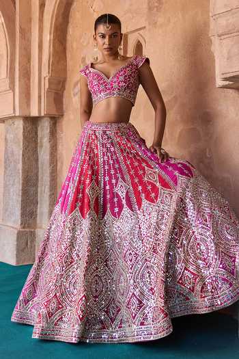 ANGAD SINGH_Magenta Silk Sweetheart Neck Agni Ogee Mirror Work Raw Lehenga Set _at_Aza_Fashions