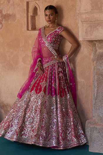 ANGAD SINGH Agni Ogee Mirror Work Raw Silk Lehenga Set 