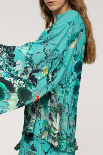 Inoa_Blue Silk Mandarin Collar Cherry Rapa Floral Print Shirt _Online_at_Aza_Fashions
