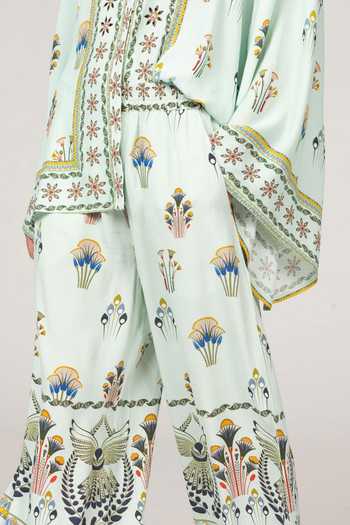 Inoa_Blue Silk Mandarin Collar Cherry Pistacia Vera Print Shirt _Online_at_Aza_Fashions