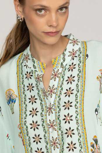 Buy_Inoa_Blue Silk Mandarin Collar Cherry Pistacia Vera Print Shirt _Online_at_Aza_Fashions