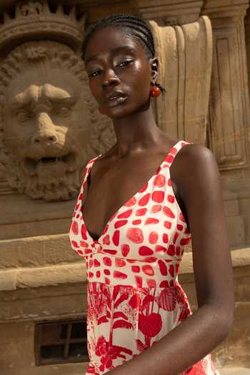 Inoa_Red Silk Plunge Neck Dina Vermelho Print Dress _Online_at_Aza_Fashions