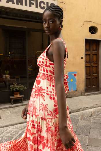 Buy_Inoa_Red Silk Plunge Neck Dina Vermelho Print Dress _Online_at_Aza_Fashions