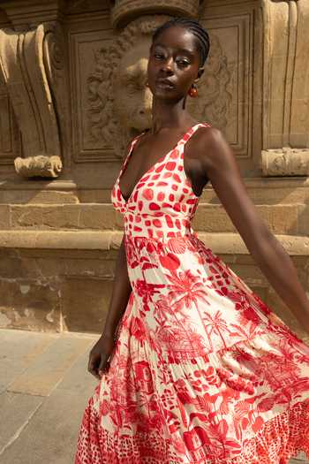 Shop_Inoa_Red Silk Plunge Neck Dina Vermelho Print Dress _Online_at_Aza_Fashions