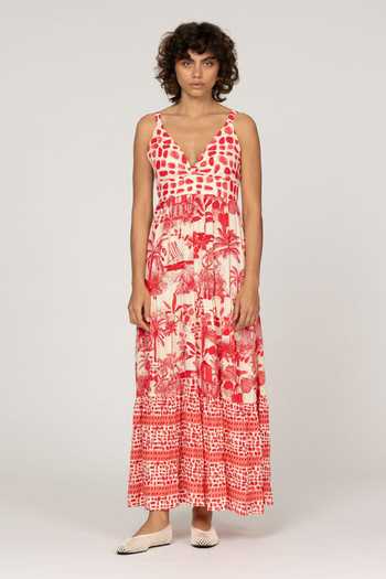 Inoa_Red Silk Plunge Neck Dina Vermelho Print Dress _at_Aza_Fashions
