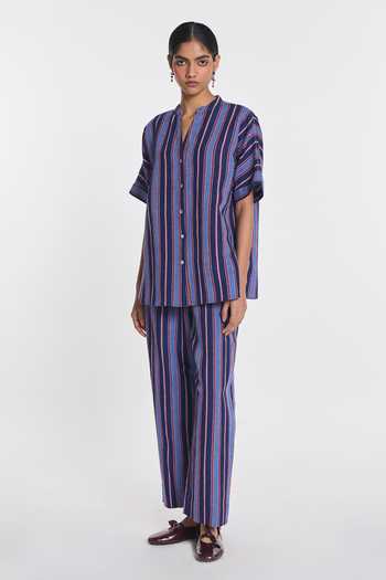 Payal Pratap Blue Cotton, Linen Mandarin Collar Gentiana Oversized Striped Shirt Online at Aza Fashions Payal Pratap_Blue Cotton, Linen Mandarin Collar Gentiana Oversized Striped Shirt _Online_at_Aza_Fashions