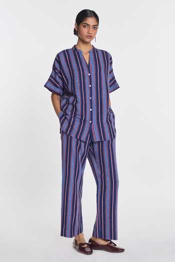 Buy Payal Pratap Blue Cotton, Linen Mandarin Collar Gentiana Oversized Striped Shirt Online at Aza Fashions Buy_Payal Pratap_Blue Cotton, Linen Mandarin Collar Gentiana Oversized Striped Shirt _Online_at_Aza_Fashions