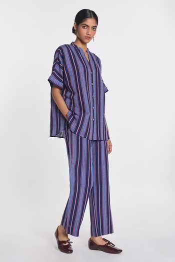 Shop Payal Pratap Blue Cotton, Linen Mandarin Collar Gentiana Oversized Striped Shirt Online at Aza Fashions Shop_Payal Pratap_Blue Cotton, Linen Mandarin Collar Gentiana Oversized Striped Shirt _Online_at_Aza_Fashions