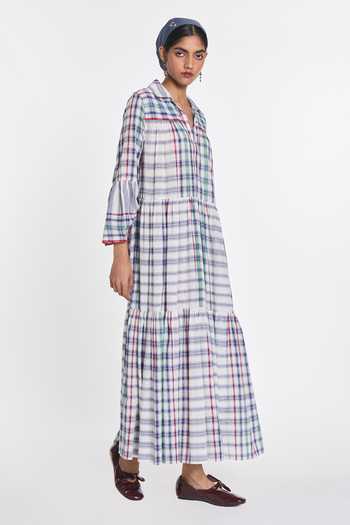 Payal Pratap White Handloom Cotton V-, Collared Mazus Tiered Maxi Dress Online at Aza Fashions Payal Pratap_White Handloom Cotton V-, Collared Mazus Tiered Maxi Dress _Online_at_Aza_Fashions